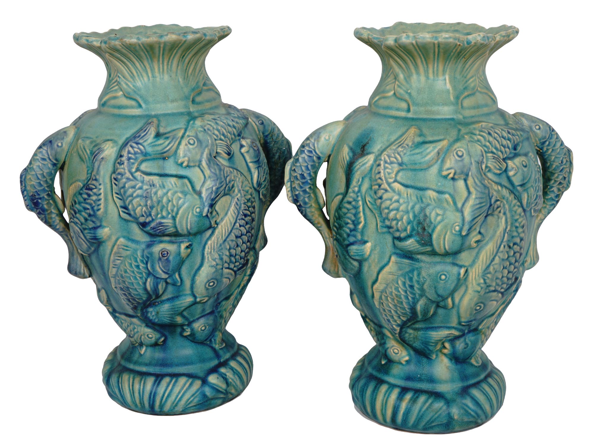 TWO LARGE JAPANESE CERAMIC VASES WITH FISH RELIEF PIC-3